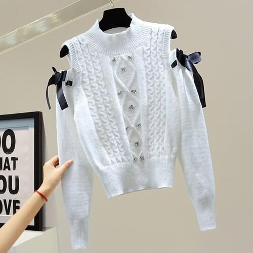 Off Shoulder Turtleneck Sweater Women Long Sleeve Top 2021 Autumn Winter Korean Style Diamond Bow Casual Pull Femme