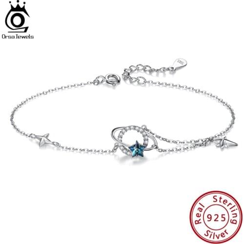 ORSA JEWELS 925 Sterling Silver Blue Planet Austrian Crystal Chain Bracelets for Women Female Elegant Hand Chain Jewelry SWB10