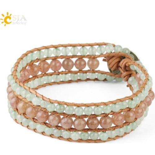 CSJA Natural Stone Leather Wrap Bracelets Reiki Strawberry Crystal Green Aventurine Beaded Bracelet for Women Jewelry Boho S561