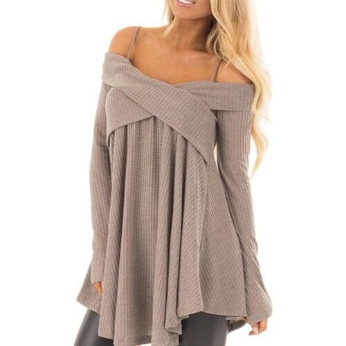 Ele-Choices Women Fashion Autumn Winter Long Sleeve Cross Neck Sweater Sling Solid Color Top