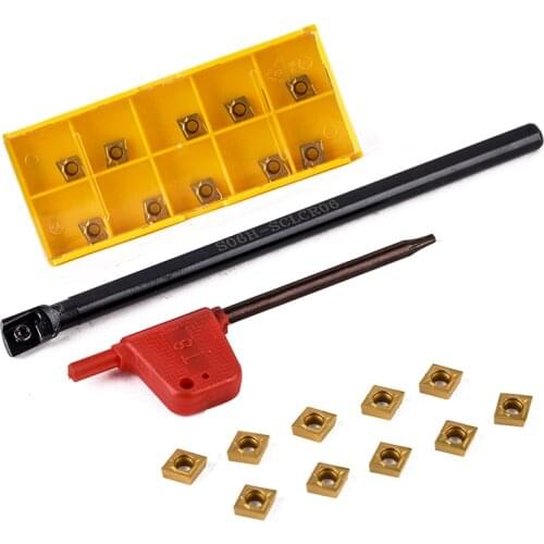 1pc S06K-SCLCR06 Turning Tool Holder 6x125mm Boring Bar + 10pcs CCMT060204 Carbide Inserts Durable Blades + 1pc T8 Wrench