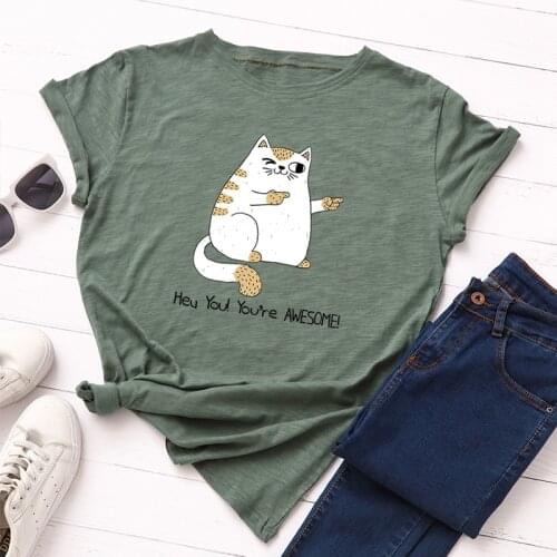 100% Cotton S-5XL Women T-shirts Graphic Tees Female Shirts Summer Tops Fat Cat Print Funny T Shirt Girl Tee Top
