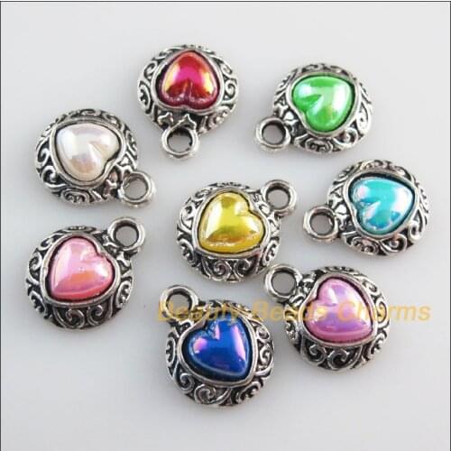 16 New Charms Mixed Acrylic Flatback Heart Pendants Tibetan Silver Tone 13x16mm