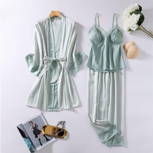 3PCS V-Neck Pajamas Sets Womens Lace Robe Pyjamas Sleep Suit Spring Satin Sleepwear Sexy Home Wear Lounge Kimono Nightwear