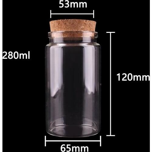 8pcs 65*120*53mm 280ml Transparent Glass Bottles with Cork Stopper Empty Spice Food Nuts Storage Bottles Jars Gift Crafts Vials