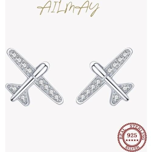 Ailmay 925 Sterling Silver Plane Simple Romantic Sparkling Zircon Stud Earrings For Women Girls Party Accessories Jewelry