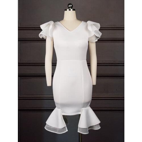 White Party Dress for Women Prom Sheath Party V Neck Ruffle Sleeve Slim Plus Size XL Birthday Elegant Ladies Night Sexy Clubwear