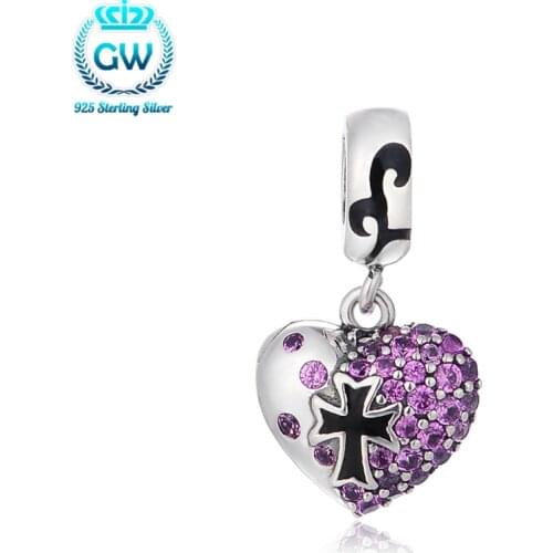 925 Sterling Silver Fits Essence Bracelets Gorgeous Black Cross in the Heart Silver Charm Brand GW Diy Jewellery S479-40