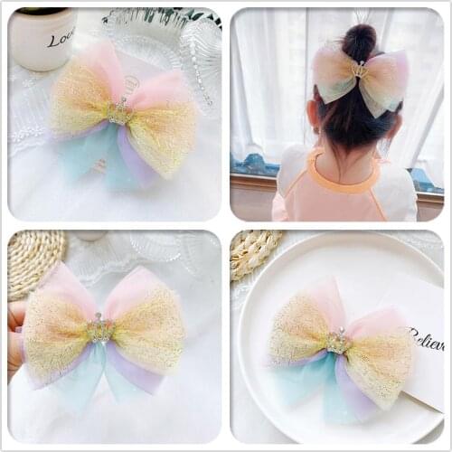 Boutique 10pcs Fashion Glitter Gradient Mesh Bow Hairpins Rhinestone Tiaras Bowknot Hair Clips Princess Headwear HairAccessories