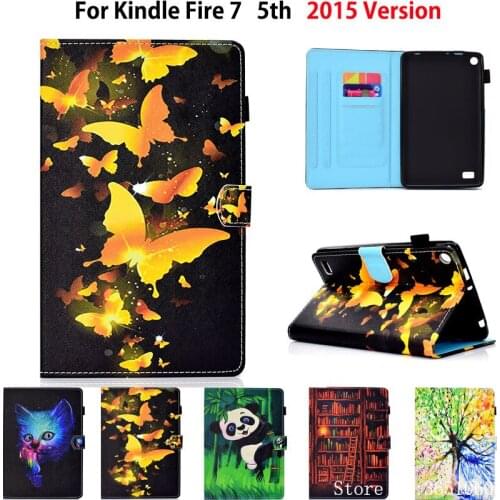 Case For Amazon Kindle Fire 7 2015 5th Generation Cover Panda butterfly Pattern PU Leather Silicone Funda Tablet Stand Shell