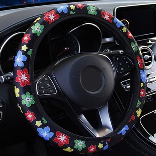 38CM Car Steering Wheel Cover Cute Flower Printed Colorful Elastic No Inner Ring Skidproof Auto Steering- Wheel Cover