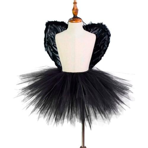 Black Fluffy Tutu Skirt with Wings Girls Cosplay Party Costume Unique TUTUS Kids Halloween Costume Photo Props
