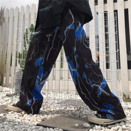 Harajuku High Street Black Retro Long Pants 2020 women Lightning Printing Loose Casual Straight Pants Women Men Wide Leg Pants