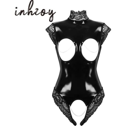 Black PU Leather Erotic Fetish Body Sexy Latex Catsuit Cupless Crotchless Teddy Lingerie Bodysuit Gothic Women Porno Costume