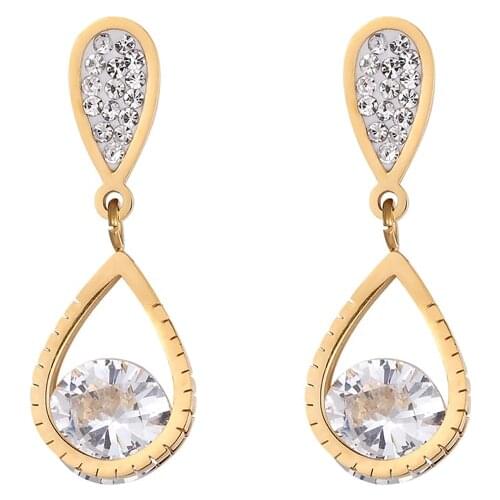 Beautiful Water Drop Shape Hang Shiny Crystal Drop Earring Stainless Steel Jewelry Gold And Rose Gold Color Earring Wedding Gift