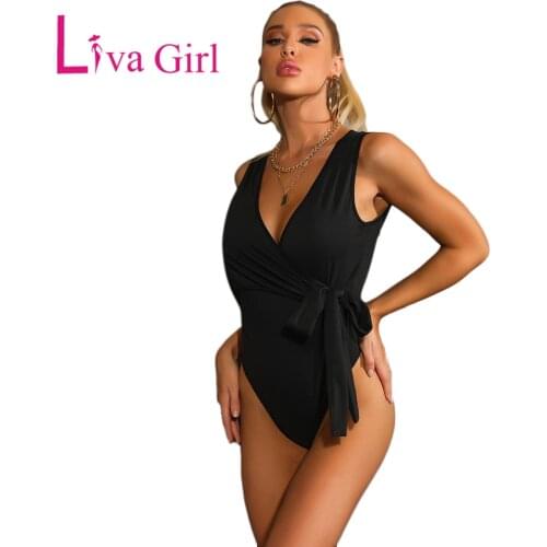 LIVA GIRL Elegant Solid V-Neck Bow Tie Bodysuit Woman 2021Summer Sleeveless Sexy Body Tops Female Slim Bodycon Jumpsuit S-XL
