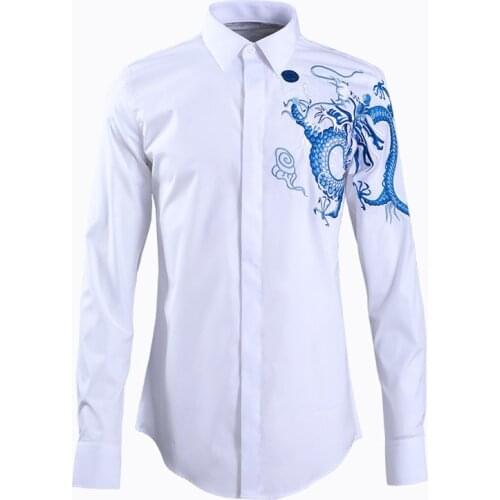 Brand Business male Dress Shirts 2019 Turn-down collar Long sleeve Chemise homme Slim China Dragon Printed men Shirt