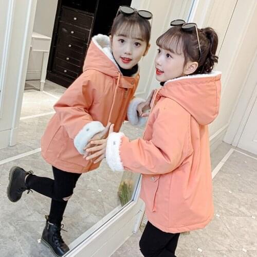 Winter New Girls' Coats Big Solid Color Plus Cashmere Cotton Clothes Thickened Cap Ocean Air Jacket Winter Clothes for Girls