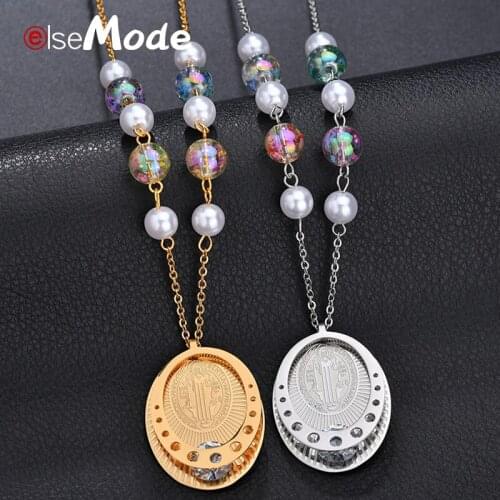 ELSEMODE Oval Hollow Round Saint Benedict Pendant Necklace CZ Stone Stainless Steel Chain Necklaces Women Girl Christian Jewelry