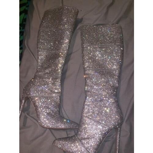 Bling Bling Crystal Knee Boots Women Geometry Patchwork Rhinestone Boots Pointed toe Thin High Heel Long Boots