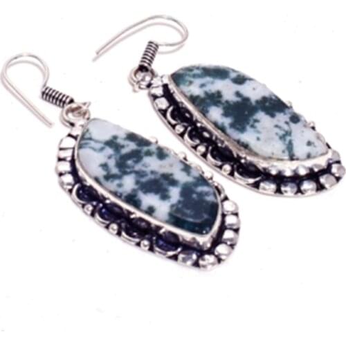 Genuine Tree Agate Silver Overlay on Copper Earrings , Hand made Women Jewelry Gift