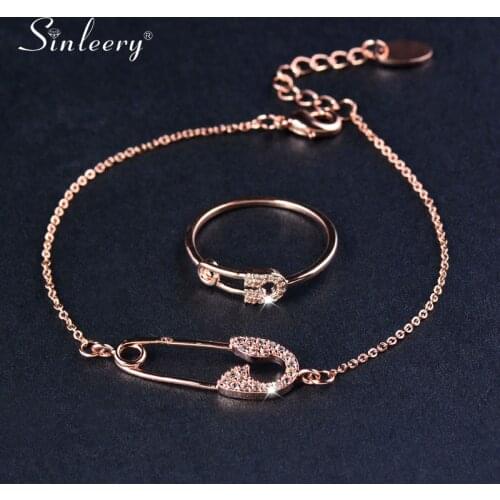 SINLEERY Trendy Pin Shape Chain Bracelet And Rings Set Rose Gold Color Crystal Jewelry Set For Women Party Accessories TZ015 SSF