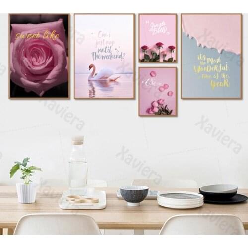 Nordic Rose Pink Flower Posters And Prints Romantic Quotes Swan Canvas Painting Wall Pictures For Living Room Girl Wall Art