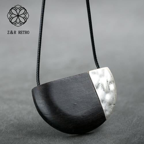 Vintage Statement Necklace Wooden Handmade Sandalwood Suspension Pendant Sweater Rope Chain Costume Jewelry for Women Accessory