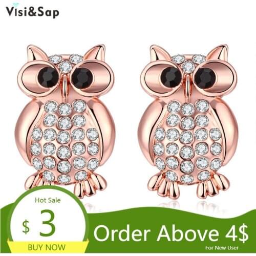 Visisap Lovely Owl Earring Rose Gold Color Animal & Insect Female Stud Earrings For Women Fashion Jewelry Lovers Gifts VAKE033