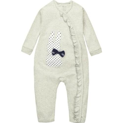 Y387 Baby Conjoined clothing spring cotton boy and girl Long-sleeved diagonal open button piece of clothes Cute rabbit jersey