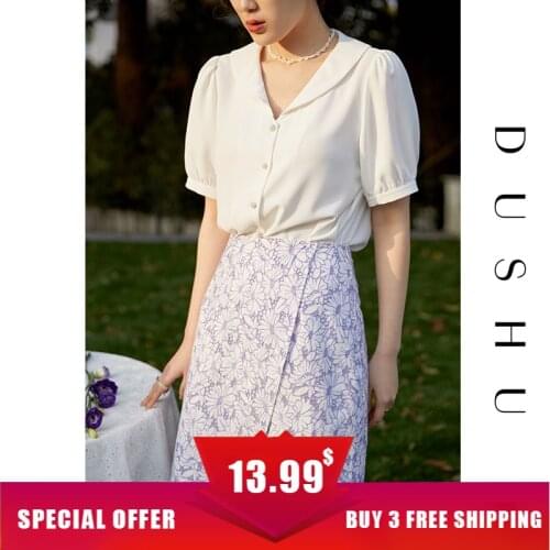 DUSHU 100% Cotton Floral Skirt High Waist Thin 2021 Summer New Style Irregular A-line Skirt Korean Fashion Clothing
