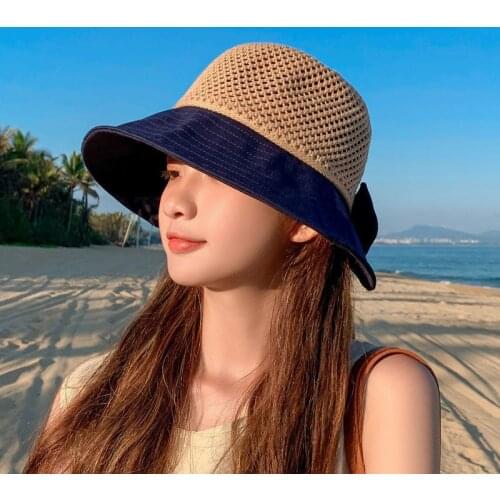 2021 New Bow Sun Hat Cap Wide Brim Floppy Top Summer Hats For Women Beach Panama Straw Dome Bucket Hat Hollow Out Visor Bonnet