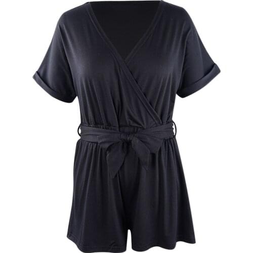 Neatie kiddie Solid Modern Lady Summer Women Rompers Onesies Sleepwear V-neck Short Sleeve Sashes Sexy Lingerie Romper