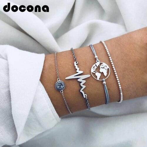 Docona Bohemian Map Heartbeat Bracelets Set Geometric Beads Bracelet for Women Crysal Adjustable Bracelet Bangle 6740