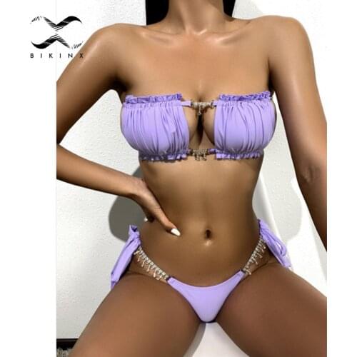 Bandeau push up women swimsuit String diamond bikini set Bandage low waist swimwear Drawstring hollow bathing suit Beach wear