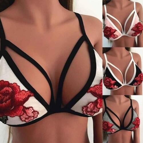 Women Sexy Bralette Strappy Crop Erotic Underwea Fashion Deep-V Flower Embroider Sexy Unpadded Bra sexy bra