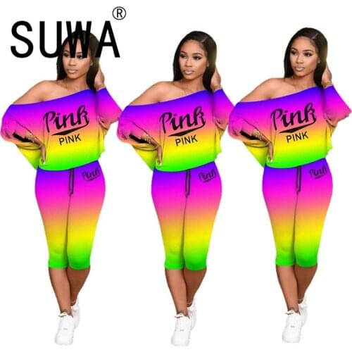 Pink Letter Print Women Set Two 2 Piece Sets Active Tracksuit Sporty Summer Outfits Matching Set