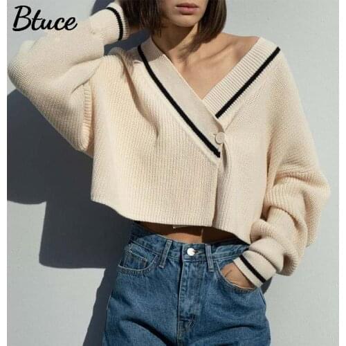 2021 Women Sexy V Neck One Button Knitted Cardigan Fashion Casual Female Spring Autumn Irregular Lantern Sleeve Sweater Jumpers