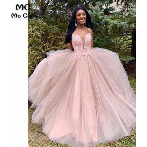 Blush Pink Straps Evening Dresses Long with Appliques Lace Deep V-Neck Tulle Backless Formal Evening Party Dress for Women