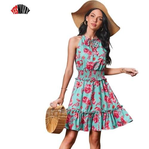 Beach Summer Women Elegant Mini Dresses Boho Ruffles Sleeveless Vintage Floral Dress Female Chic Party Dresses Robe Femme 2021