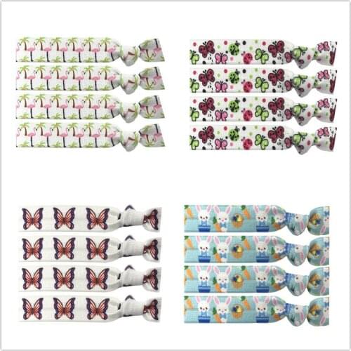 4 Colors 40pcs Flamingo butterfly Rabbit Prints Elastic Band Knotted Hair Tie Bracelet Bangle Ponytail Holder Hair Accessories