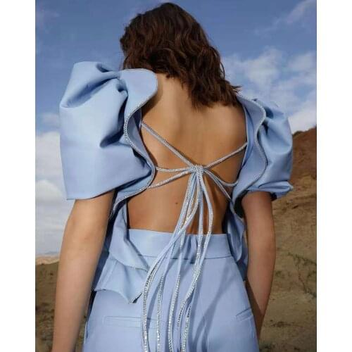 Baroque Satin Blue Silhouette Ruffles Puffy Sleeve Peplum Blouse Square Collar Ruched Backless Diamond Tassel Lace-Up Crop Tops