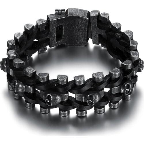 Punk Style Rock Roll Antique Motorcycles Skull Bracelet With Leather for Biker Men stainless steel cool boys bangle bracelet