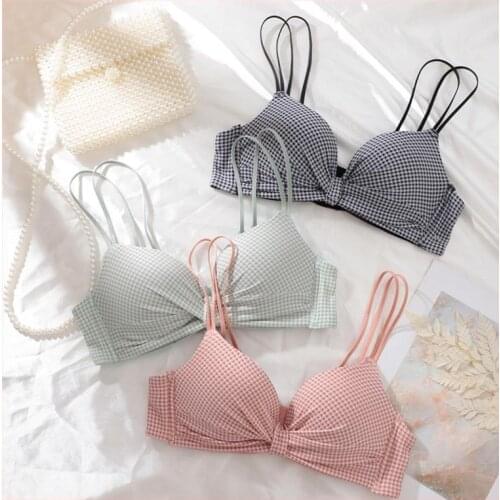Wire Free Bra Women Push Up Sexy Underwear Girls Cute Bow Plaid Cross Fold Backless Bras Onepiece Brassiere