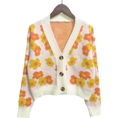 Flower Knitted Cardigan Womens Fall And Winter 2021 New Loose Fashion Short V-Neck Long Sleeve Sweater Female Sweet Knitwear