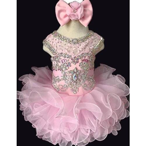 New Pink Baby Girl Dress for Birthday Cyrstals Beading Children Sleeveless Infant Birthday Pageant Prom Gowns
