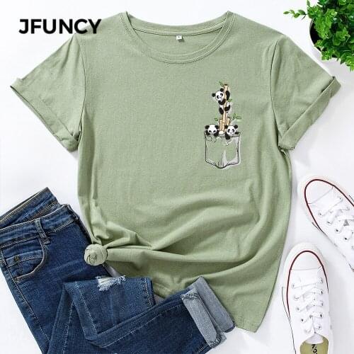 JFUNCY Short Sleeve Womens Cotton T-shirt Cute Panda T Shirts Female Graphic Tees Tops Lady Tshirt
