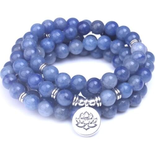 Smooth Blue Aventurine Beads 108 Mala Bracelets Natural Stone With Lotus, Buddha, Om Charms Women Men Meditation Jewelry