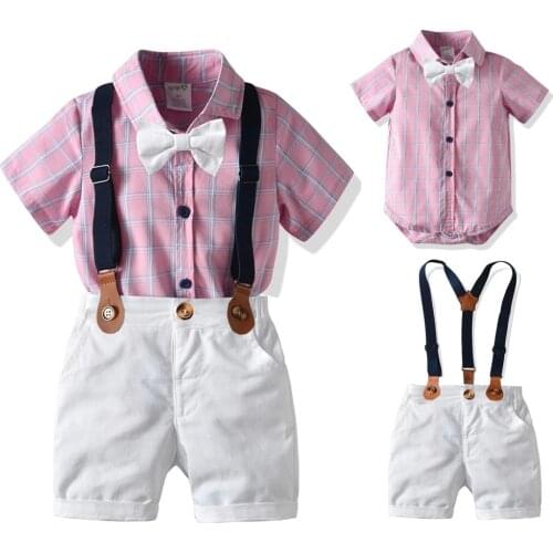 Baby Boy Romper Cotton Clothes Pink Plaid Rompers Set Summer Toddler Fashion Suit Party Bow Bodysuit Newborn Boys Clothing