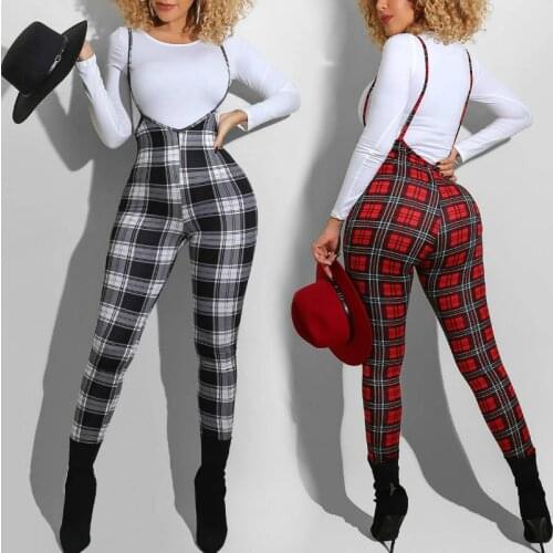2020 New High Waist Overalls Suspender Pants Women Plaid Skinny Bodycon Pencil Pants Club Sexy Bib Trousers Female Summer Fall